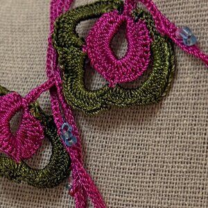 Collectable Traditional Turkish Oya Necklace, Wine & Green Motifs & Beading